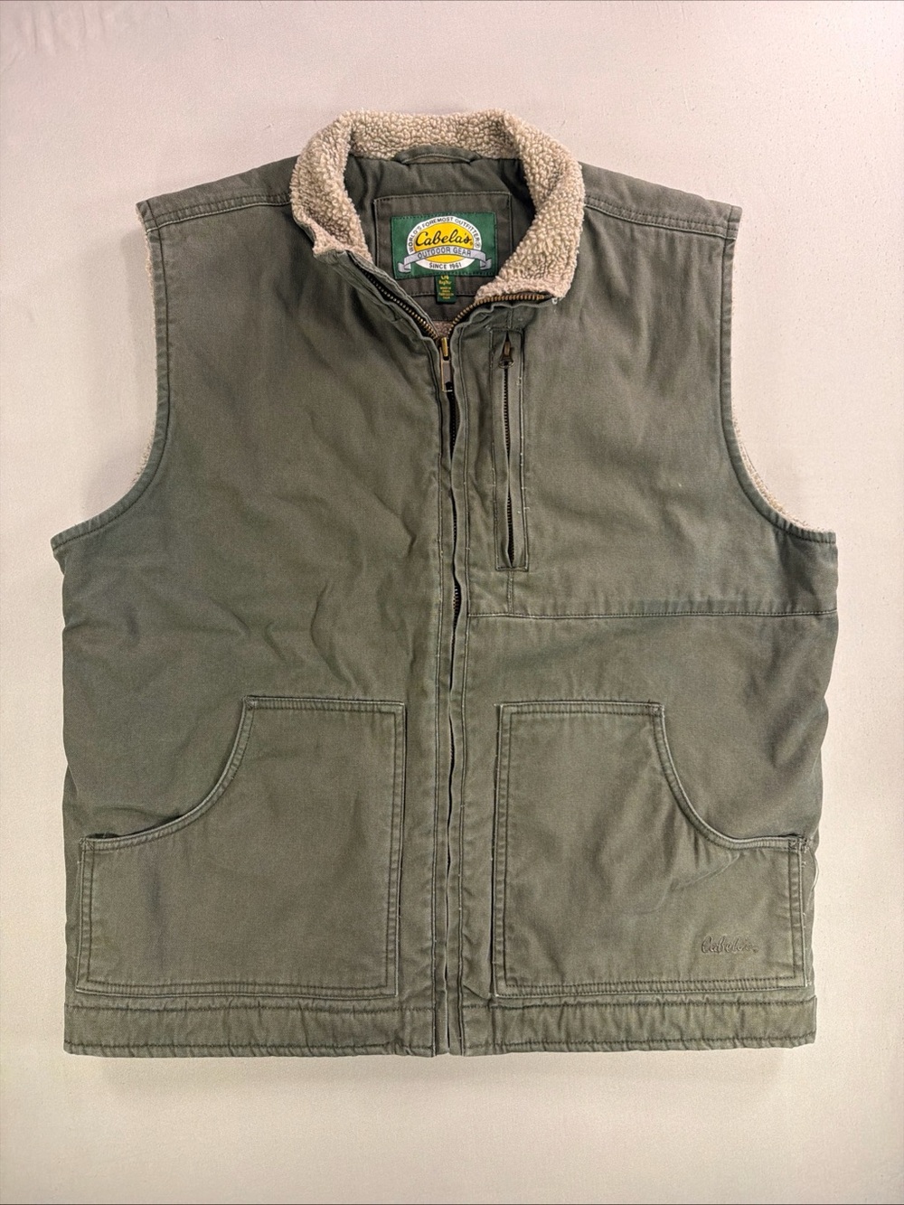 Vintage Cabela's Olive Green Sherpa Collar Utility Vest